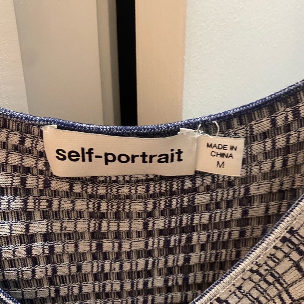 Self Portrait Ribbed Knit Cropped Top Crossover Navy